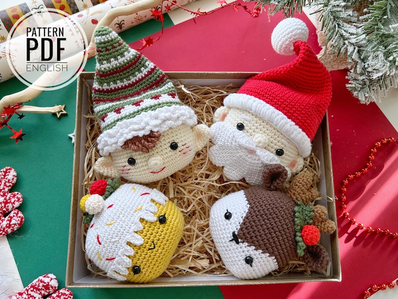 Crochet Christmas decoration: Elf, Santa, Reindeer and Cupcake,/Pattern/ English only/ Amigurumi, Christmas ornaments, Christmas Tree Decor image 1