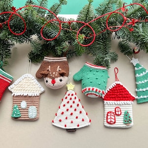 Crochet Christmas ornaments: house, trees, sock, glove, and reindeer mitten /Pattern/PDF/English only/ Christmas toys, Christmas decorations