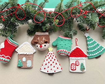 Patrón de adornos navideños de crochet: Casa, árboles, calcetín y guante (PDF)