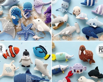 Lot de 24 animaux marins/motif au crochet, PDF, anglais uniquement/Animaux marins, jouets marins au crochet