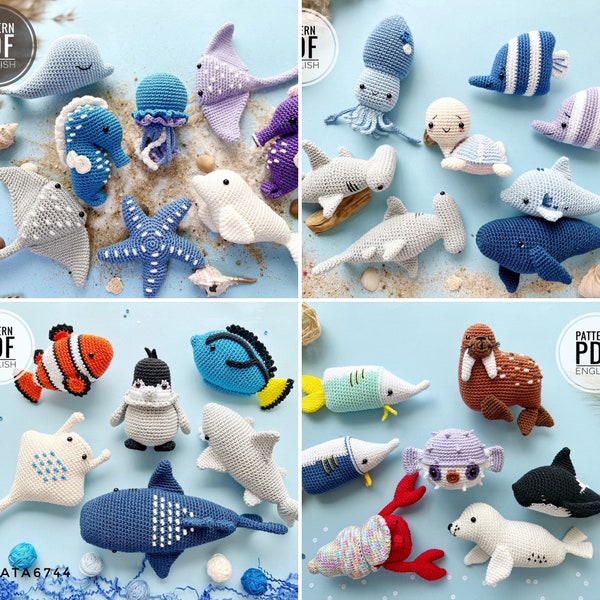 Lot de 24 animaux marins/motif au crochet, PDF, anglais uniquement/Animaux marins, Jouets marins au crochet, Jouets pour bébé, Jouets nouveau-né, Amigurumis