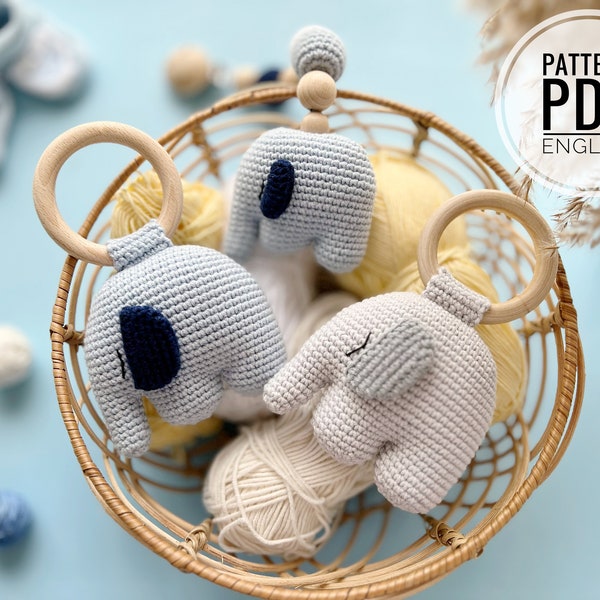 Gehäkelte Elefant Rassel/Beißring, Kinderwagen /Muster/PDF/Nur Englisch/ Baby Spielzeug, Babyparty, Neugeborenen Spielzeug, Plüschtier, Amigurumi