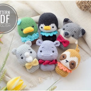 Crochet mini toys: duck, penguin, sloth, hippo, rhino and wolf, Pattern, PDF, English, baby mobile, baby shower, Amigurumi, baby animals