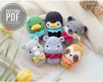 Mini juguetes de crochet: pato, pingüino, perezoso, hipopótamo, rinoceronte y lobo, Patrón, PDF, inglés, móvil para bebé, baby shower, Amigurumi, animalitos