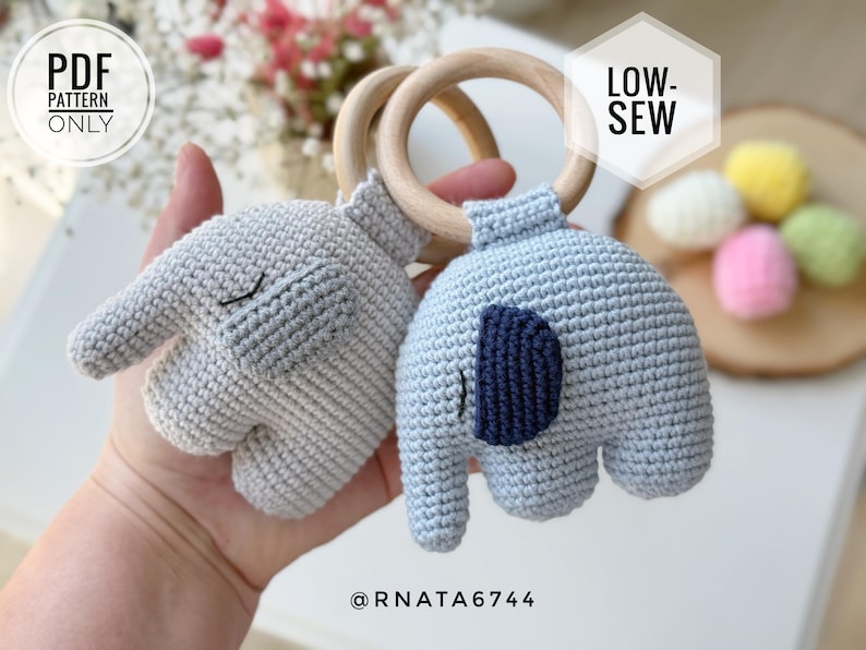 Patrón de ganchillo para sonajero de elefante y clip para chupete (PDF) imagen 1