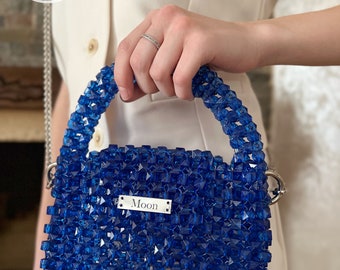 Sac perlé, sac vintage, sac bleu, sac fait main unique, cadeau pour elle, sac classique, sac ciel clair, sac à main en acrylique, sac pour femme, sac cadeau