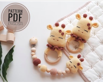 Crochet Giraffe Rattle and Pacifier Clip Pattern, Baby Toy (PDF)