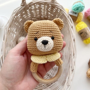 Crochet Bear Rattle/Teether, Holder/Pattern/PDF/English, French only/ Amigurumi, Handmade, Baby toy, Baby shower, Newborn Toy, Crochet Bear image 4