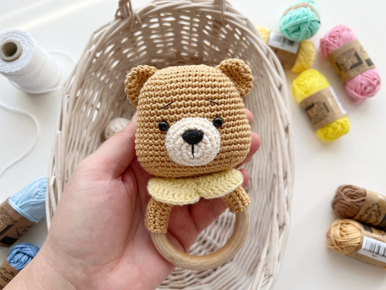 Crochet Bear Rattle/Teether, Holder/Pattern/PDF/English, French only/ Amigurumi, Handmade, Baby toy, Baby shower, Newborn Toy, Crochet Bear image 4