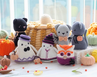 Crochet Halloween Decoration: pumpkin, ghosts, bat, owl and cat, Pattern, PDF, English, Halloween decor, Halloween toys, Amigurumi