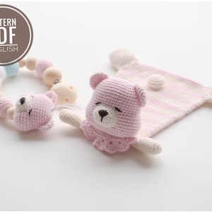 Orsetto di peluche all'uncinetto con clip per ciuccio, modello, PDF, inglese, amigurumi, baby shower, neonato, baby shower, peluche, modello orso
