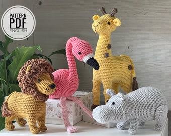 Crochet Safari Animals: Giraffe, Hippo, Lion and Flamingo/Pattern, PDF, English only/ Amigurumi, Safari Crochet Toys, Baby Toys, Newborn Toy