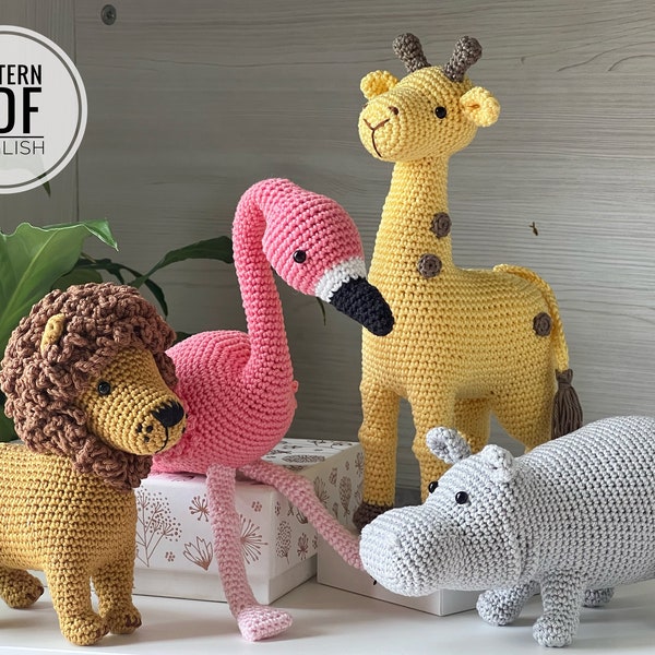 Animales de Safari de Ganchillo: Jirafa, Hipopótamo, León y Flamenco/Patrón, PDF, Sólo inglés/ Amigurumi, Juguetes de Ganchillo Safari, Juguetes para bebés, Juguete para recién nacidos