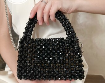 Luxury crystal bead bag, black crystal bag for girlfriend, crystal bag, elegant evening bag, gift for her, handmade bag, wedding guest bag,