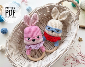 Crochet Superhero Bunny teether/rattle/holder, baby toy, baby shower, amgurumi, bunny teether, newborn toy