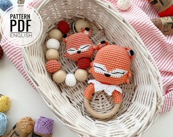Crochet Fox Rattle Pattern with Pacifier Clip, Baby Toy (PDF)