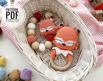 Crochet Baby Fox Teether/Rattle, Fox Holder, Pacifier Necklace/Clip, Pattern, PDF, English