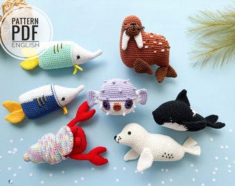 Crochet Sea Animals: Orca, Puffer fish, Sailfish, Walrus, Seal and Crab/Pattern/PDF/English only/Amigurumi, Crochet toys, Sea Animals