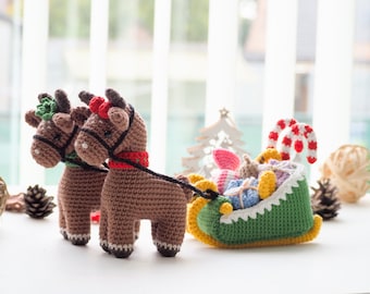 Crochet Christmas Reindeers with Sleigh /Pattern/PDF/English only/ Christmas ornaments, Christmas Tree Decoration, Christmas toys, Amigurumi