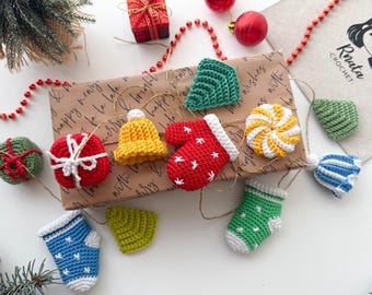 かぎ針編みのクリスマスガーランドオーナメントのパターン：ミニ（PDF