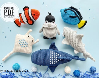 Crochet Sea Animals: clownfish, blue tang, penguin, white shark, whale shark and manta ray /Pattern/PDF/English only/ Amigurumi, Ocean Toys