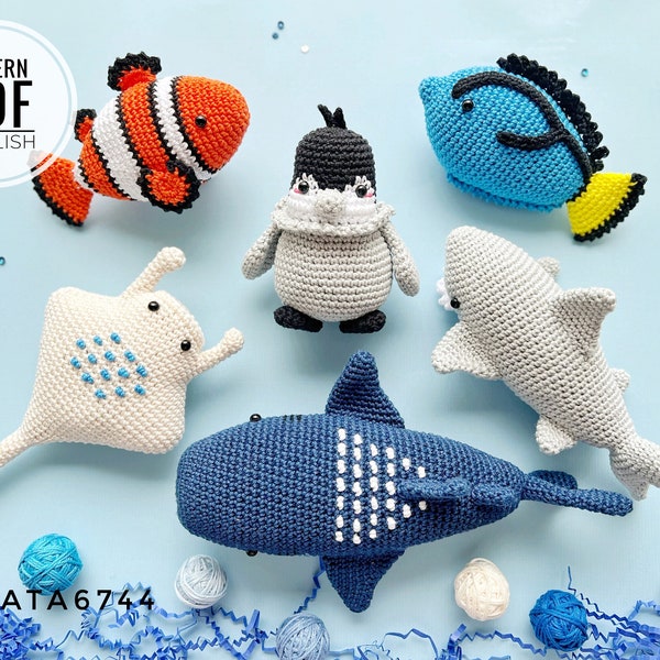 Animales marinos de ganchillo: pez payaso, espiga azul, pingüino, tiburón blanco, tiburón ballena y mantarraya /Patrón/PDF/Solo inglés/ Amigurumi, Ocean Toys