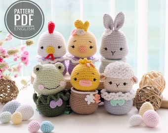 Crochet Easter Decoration: bunny, chick, rooster, duck, sheep and frog, Pattern, PDF, English, Easter decor, Easter toy, Amigurumi