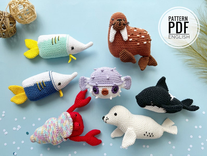 Lot de 24 animaux marins/motif au crochet, PDF, anglais uniquement/Animaux marins, Jouets marins au crochet, Jouets pour bébé, Jouets nouveau-né, Amigurumis image 4