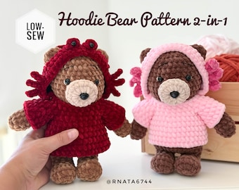 Modello all'uncinetto per orsetto con cappuccio 2 in 1 a bassa cucitura / Orsetto di peluche + 2 felpe con cappuccio rimovibili / Amigurumi PDF