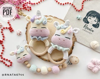Crochet Unicorn Rattle and Pacifier Clip Pattern (PDF)