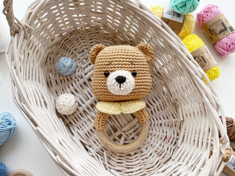 Crochet Bear Rattle/Teether, Holder/Pattern/PDF/English, French only/ Amigurumi, Handmade, Baby toy, Baby shower, Newborn Toy, Crochet Bear image 3