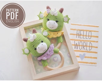 Crochet Dino Teether/Rattle /Pattern/PDF/English only/ Crochet Dragon Teether, Plush Dino Toy, Baby Toy, Newborn Toy, Amigurumi