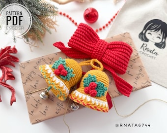 Campanas navideñas de ganchillo con lazo, patrón para decorar el árbol (PDF)