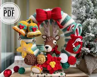 Crochet Christmas Wreath with Reindeer/Pattern/PDF/English only/ Christmas decoration, Christmas gift, Christmas toys, Amigurumi