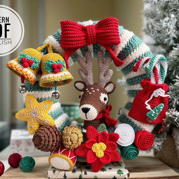 Couronne de Noël au crochet avec renne/motif/PDF/en anglais uniquement/ Décoration de Noël, Cadeau de Noël, Jouets de Noël, Amigurumi