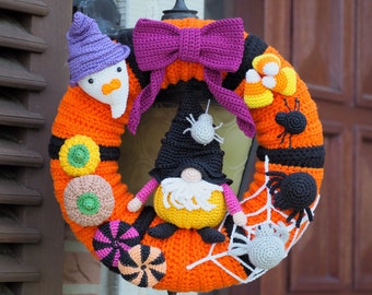 Patrón de corona de Halloween a crochet: gnomos, arañas, calabazas y más (PDF)