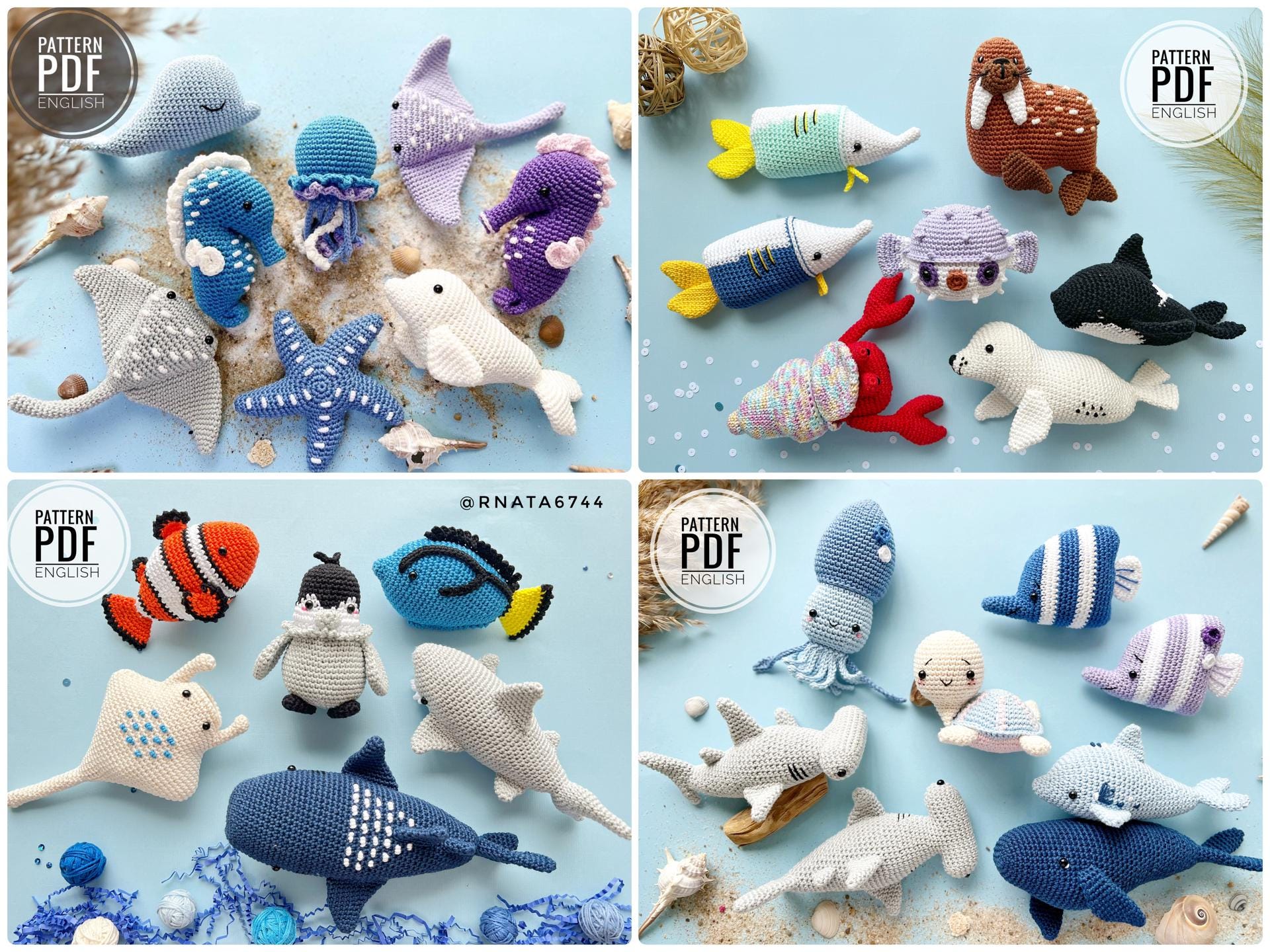 かぎ針編みの海の動物のパターン：編みぐるみおもちゃ、バンドル（PDF