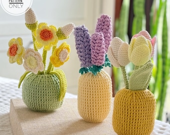 Crochet Flowers in Vase: Tulips, Daffodils, Lavender Pattern (PDF)