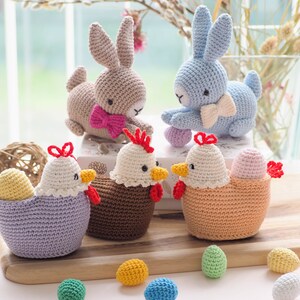 Osterdeko zu häkeln: Küken mit Ei, Hahn, Hase mit Schleife und Hase mit Spitze /Muster/PDF/English only/ Amigurumi, Osterspielzeug Bild 3