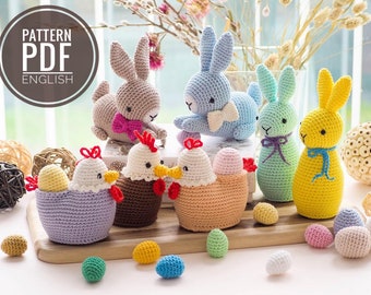 Décoration de Pâques au crochet : Poussin avec œuf, Coq, Lapin avec nœud et lapin avec dentelle /Modèle/PDF/Anglais seulement/ Amigurumi, Jouets de Pâques