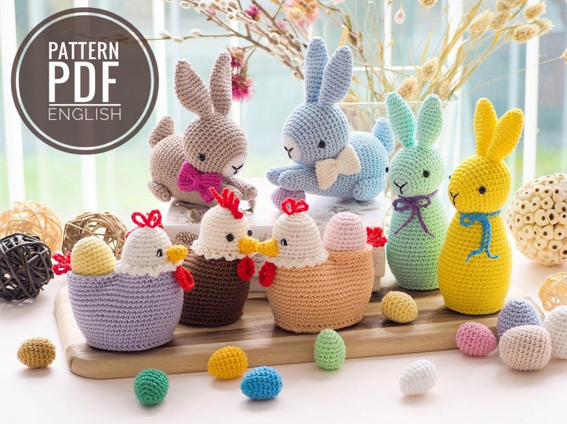 Osterdeko zu häkeln: Küken mit Ei, Hahn, Hase mit Schleife und Hase mit Spitze /Muster/PDF/English only/ Amigurumi, Osterspielzeug Bild 1