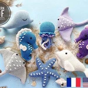 Animali marini all'uncinetto: cavalluccio marino, medusa, beluga, balena, stella marina e razza/Schema/PDF/Solo inglese, francese/Amigurumi, animali marini
