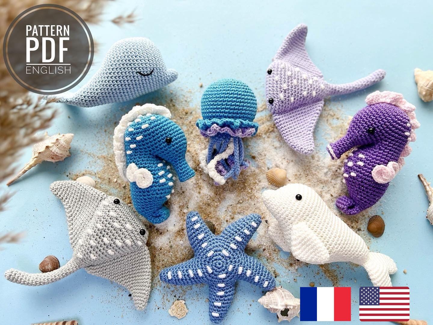 Crochet Sea Animals Pattern: Sea horse, Jellyfish, Beluga and More, (PDF, English, French)