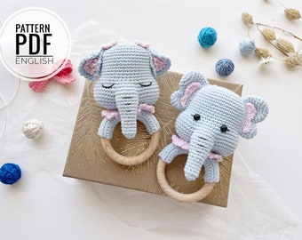 Anneau de dentition/hochet/support éléphant au crochet/motif/PDF/anglais, allemand uniquement/amigurumi, baby shower, jouet pour bébé, nouveau-né, peluche, jouet pour nouveau-né