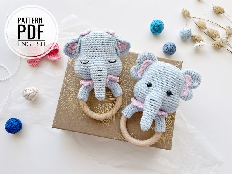 Crochet Elephant teethe/rattle/holder /Pattern/PDF/English, German only/ Amigurumi, Baby shower, Baby toy, Newborn, Plush toy, Newborn Toy image 1