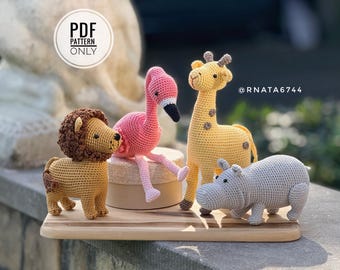 Crochet Savanna Animals: Giraffe, Hippo, Lion, Flamingo Pattern (PDF)