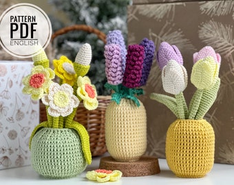 Crochet Spring Flowers in Vase, Tulips, Lavenders and Daffodils/Pattern, PDF, English only/Spring Flowers, Amigurumi, Crochet Flower Pattern