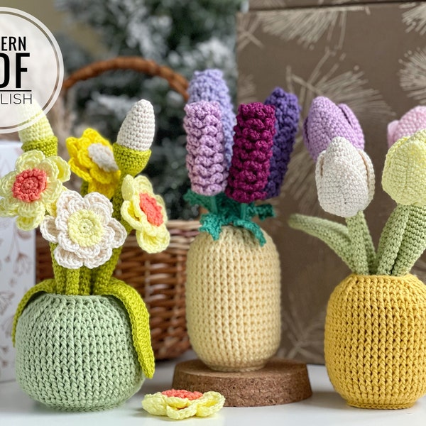 Fleurs de printemps au crochet dans un vase, tulipes, lavandes et jonquilles/motif, PDF, anglais uniquement/Fleurs de printemps, amigurumi, motif de fleurs au crochet