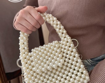 Elfenbeinfarbene Perlentasche, Braut-Perlenhandtasche, klassische Perlen-Abendtasche, handgefertigte Perlen-Clutch, Perlentasche im Vintage-Stil, individuelle Perlentasche