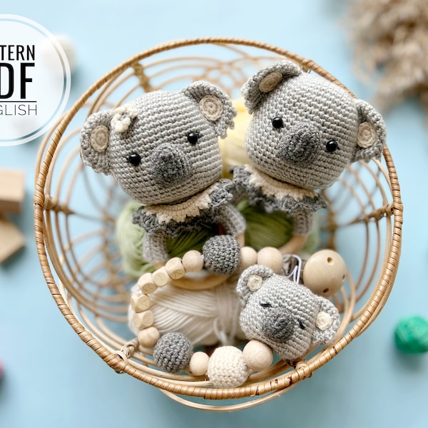 Sonajero/mordedor Koala de ganchillo, Clip/collar para chupete /Patrón/PDF/Solo inglés/ Amigurumi, Juguete de felpa, baby shower, Juguete relleno, Juguete Koala